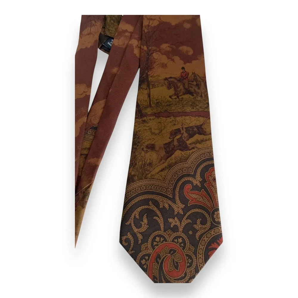 Vintage Polo Ralph Lauren‎ Tie Equestrian Fox Hunt Paisley Rust Brown Wide USA
